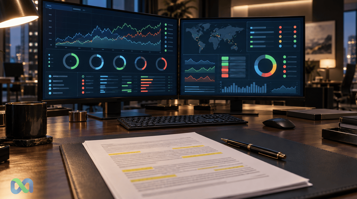 Dois monitores com gráficos de mercado e um documento com trechos destacados sobre a mesa de trabalho.