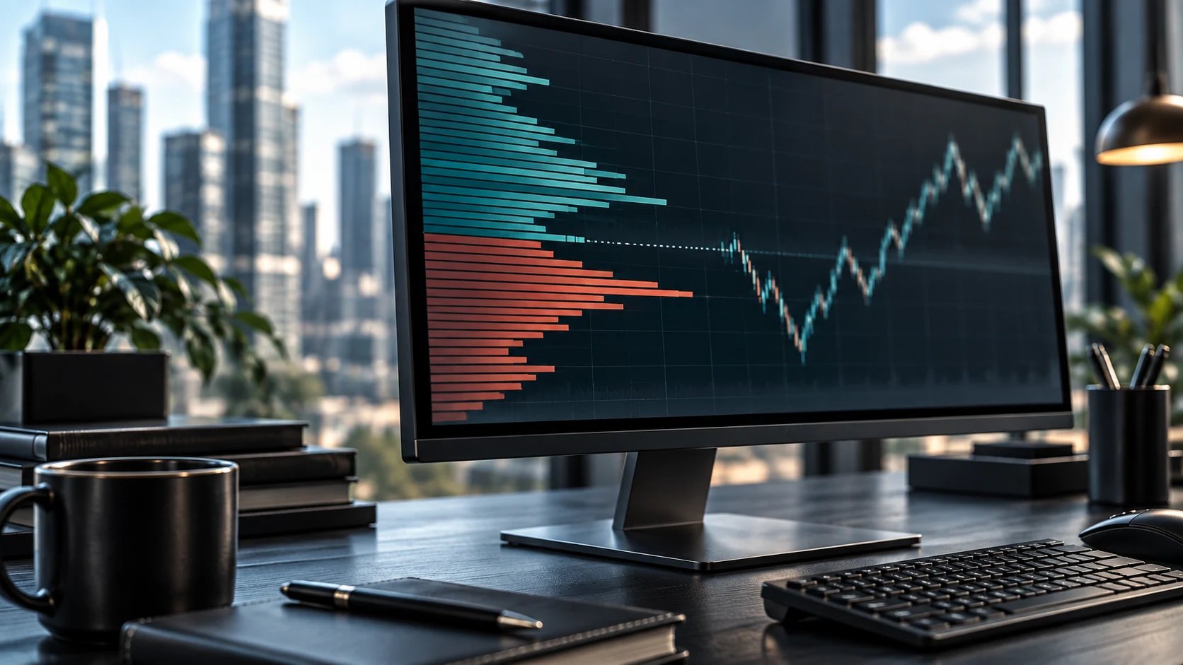 Monitor com barras de profundidade de mercado e gráfico de preços, sobre uma mesa com teclado e caderno.